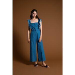 Sea New York Blue Ruffled Wide-Leg Jumpsuit Womens 4 Sleeveless 70s Western Boho